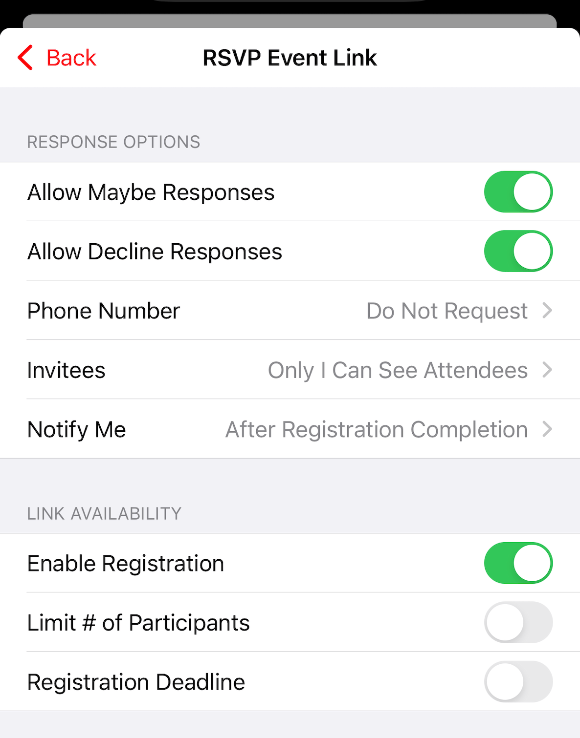 RSVP settings